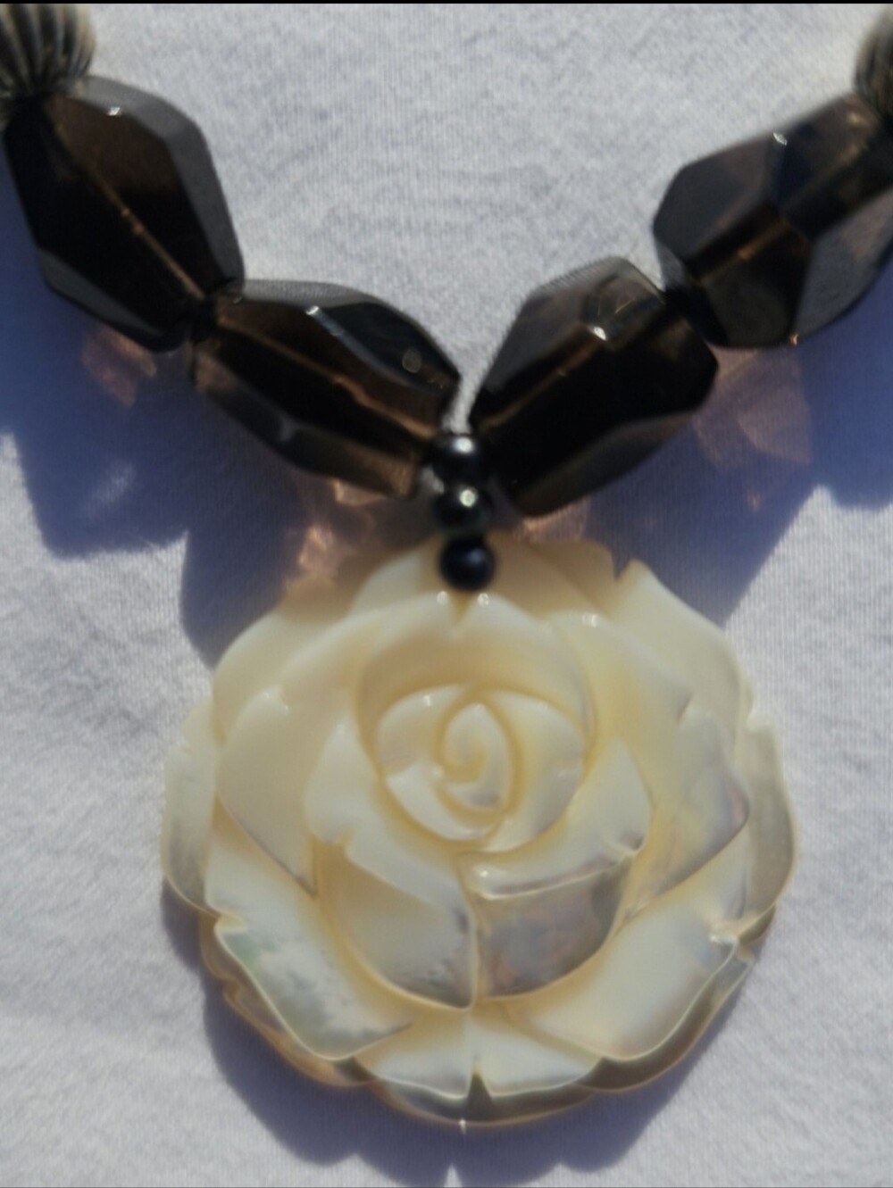 MOP Carved Rose, Smoky Quartz, Chinese Shou Turquoise Beaded Vintage Necklace